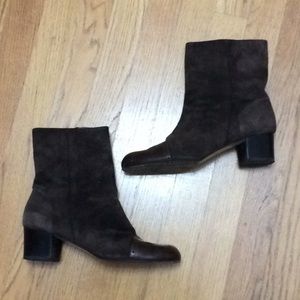 Brown Leather/Suede Chunky Heel Ankle Boots